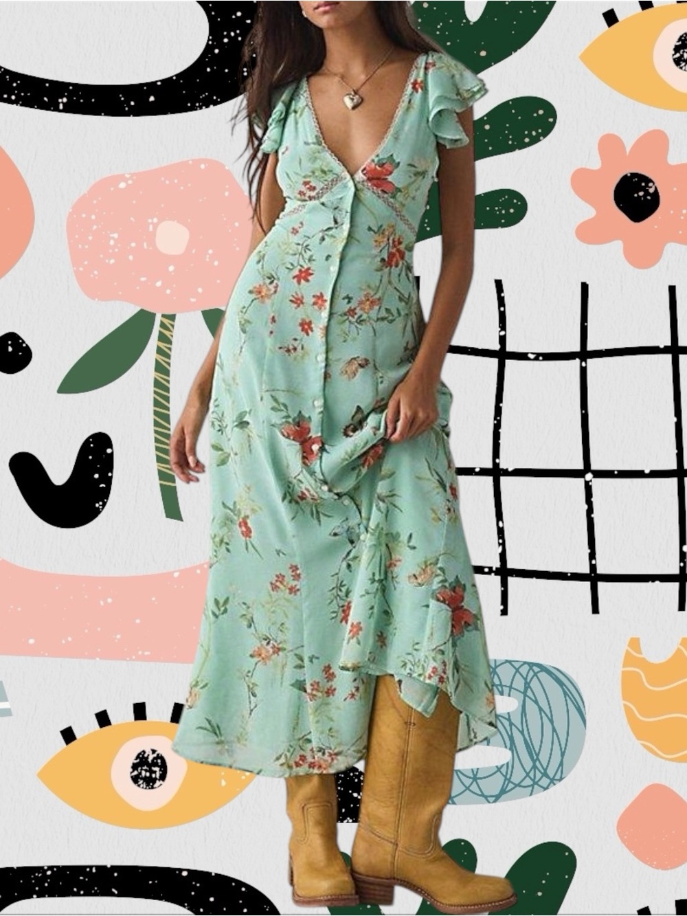 NWT✨ | Kimchi Blue | Ruffled Romance Mint Green Butterfly Floral Maxi Dress